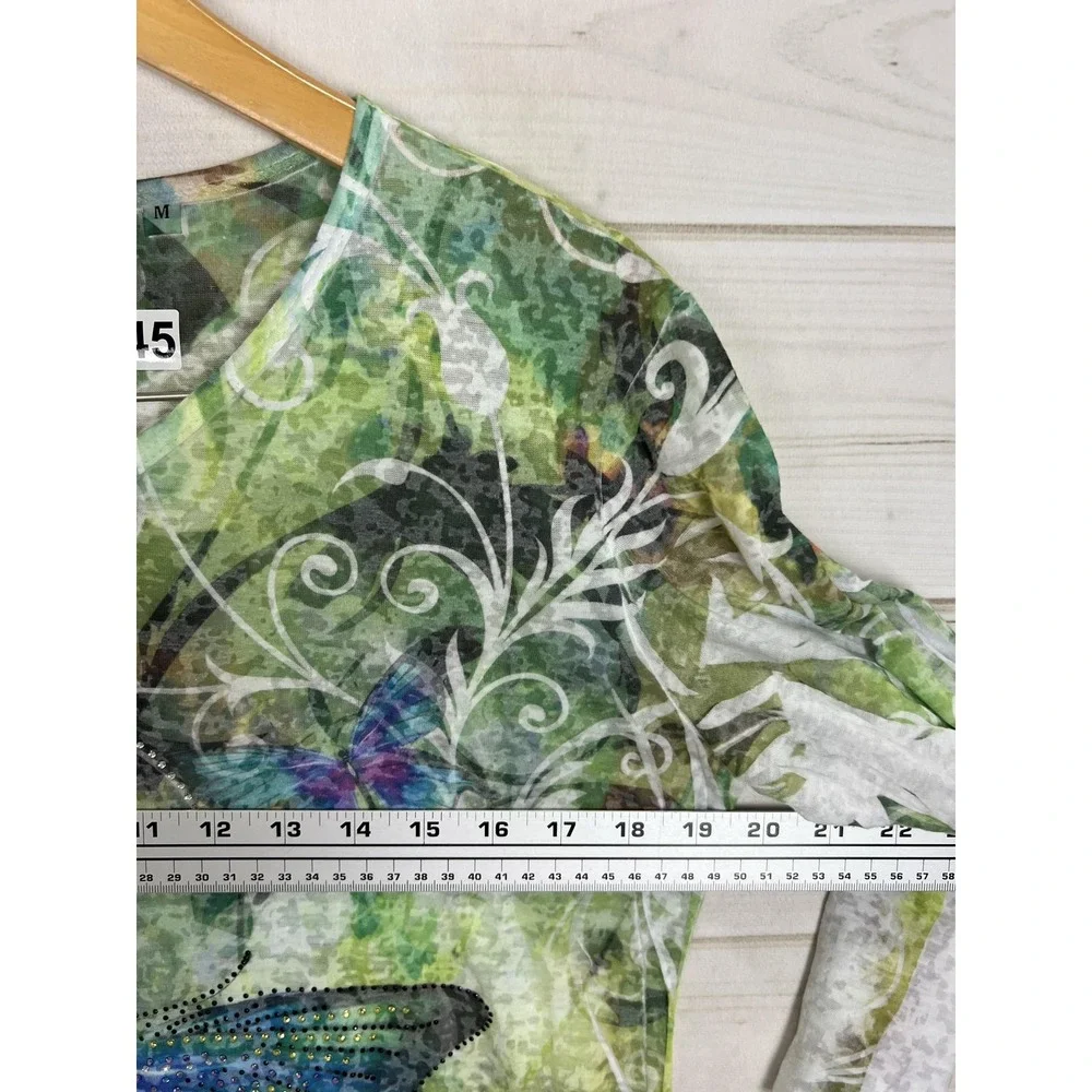 Jess & Jane Shirt Womens Medium Green Butterfly Forest Rhinestone Fairycore Top - Picture 6 of 8